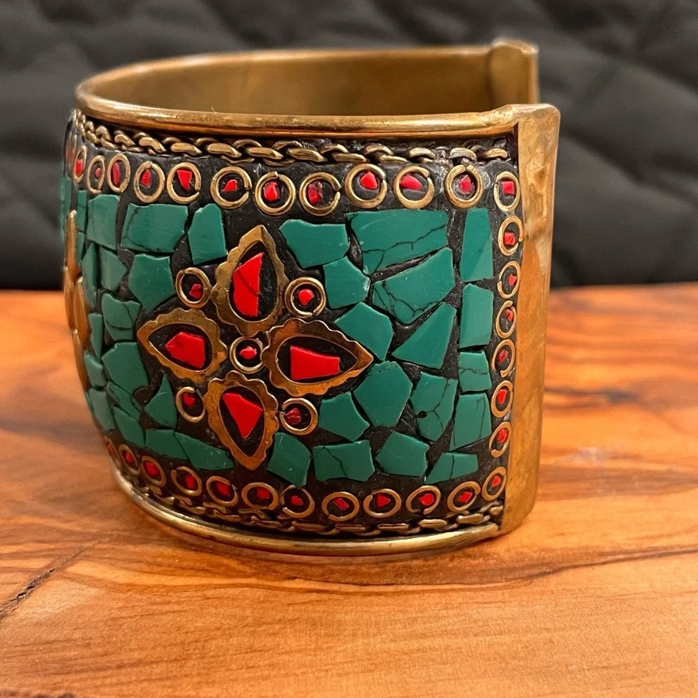 Handcrafted Turquoise and Copper Mosaic Cuff Bracelet